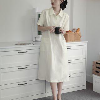 Elbow-sleeve Midi A-line Shirtdress Almond - One Size