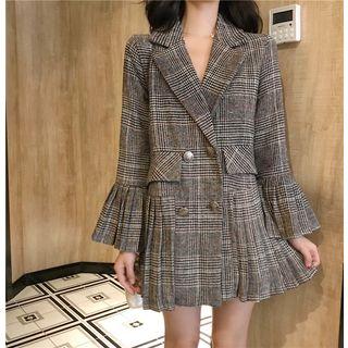 Check Bell-sleeve Pleated Double Breasted Dress