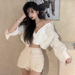 Long-sleeve Sheer Crop Top / Contrast Trim Shorts