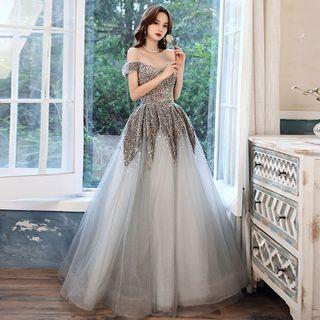 Cap-sleeve Mesh Overlay A-line Evening Gown