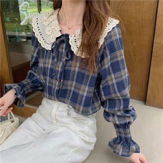 Long-sleeve Peter Pan Collar Plaid Tie-neck Blouse