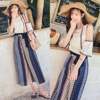 Set: Short-sleeve Cold Shoulder Top + Print Wide-leg Pants
