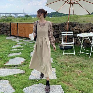 Long-sleeve Plaid Top / Plain Jumper Dress