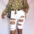 Plain Distressed Slim-fit Shorts