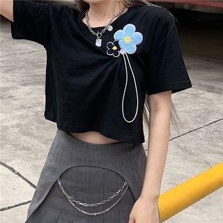 Short Sleeve Flower Applique Crop T-shirt