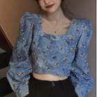 Floral Embroidered Denim Blouse Floral - Blue - One Size