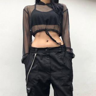 Drawstring-hem Long-sleeve Hooded Mesh Cropped Top