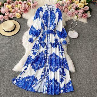 Long-sleeve Print Single Breasted Maxi Dress