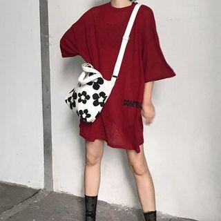 Printed Elbow-sleeve Oversize Top