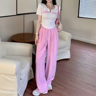 Short-sleeve Lettering T-shirt / Loose Fit Pants / Set