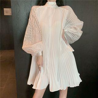 Striped Mock-neck Puff-sleeve Shift Dress As Shown In Figure - One Size