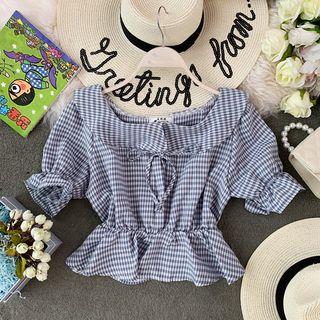 Bow-neck Off-shoulder Check Blouse
