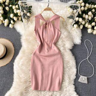 Off-shoulder Knotted Knit Spaghetti-strap Dress