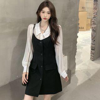 Long-sleeve Striped Shirt / Spaghetti Strap A-line Mini Dress