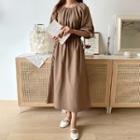 Balloon-sleeve Drawstring-waist Shirred Long Dress