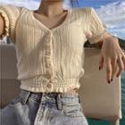 Short-sleeve Pointelle Knit Cropped Cardigan White - One Size