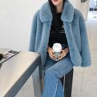 Hook-and-eye Collared Eco Fur Jacket Sky Blue - One Size