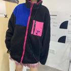 Color Block Fleece Zip-up Jacket Black & Blue & Pink - One Size