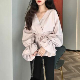V-neck Flared-cuff Peplum Blouse