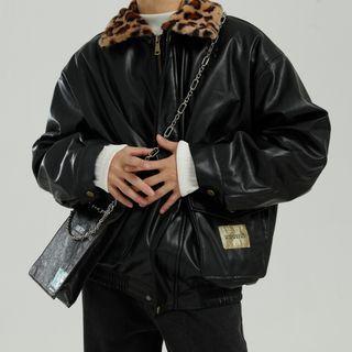 Leopard Print Trim Faux Leather Zip Jacket