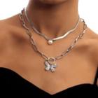Butterfly Faux Pearl Pendant Layered Choker Necklace Silver - One Size