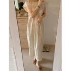 Short-sleeve Pleated Midi A-line Dress Almond - One Size