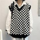 V-neck Plaid Knit Vest Black & White - One Size