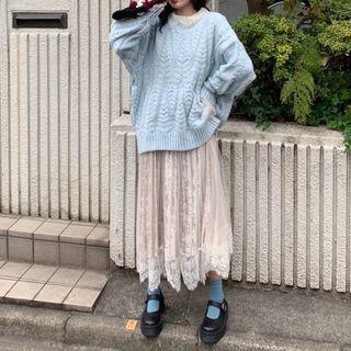 Lace Long-sleeve Top / Crew-neck Sweater / Lace Overlay Midi A-line Skirt