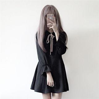 Bow Accent Long-sleeve A-line Dress Black - One Size