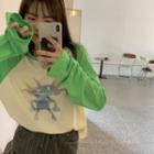 Raglan-sleeve Cartoon Print T-shirt Long-sleeve - Monster - White - One Size