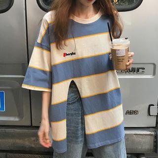 Elbow-sleeve Striped Slit T-shirt