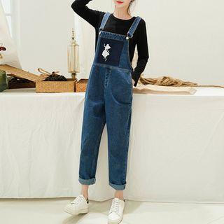 Cartoon Embroidered Dungaree / Long-sleeve T-shirt / Set