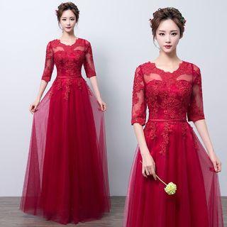Crochet Trim Elbow Sleeve Evening Gown