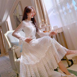 Ruffled Long-sleeve Midi A-line Lace Dress