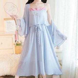 Sleeveless Embroidered Printed Dress + Long-sleeve Plain Chiffon Cardigan