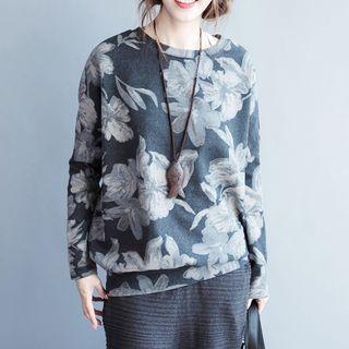 Flower Print Long-sleeve T-shirt Gray - One Size