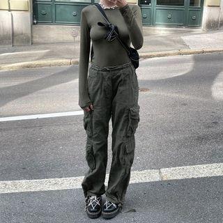 High Waist Drawstring-cuff Cargo Jeans