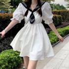 Puff-sleeve Sailor Collar Mini A-line Dress White & Black - One Size