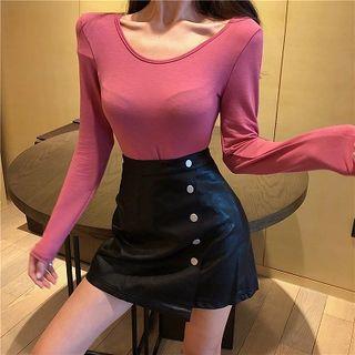 Plain Long-sleeve T-shirt/ Faux Leather Mini A-line Skirt