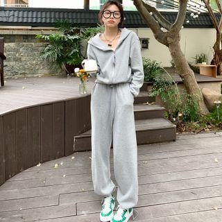 Long-sleeve Zip-up Hoodie / Elastic-waist Drawstring Hem Sweatpants