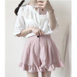 Lace-up Elbow-sleeve Top / Plaid Ruffle Hem Shorts