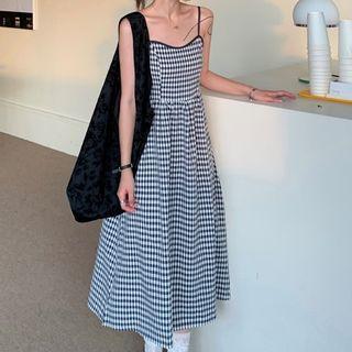 Spaghetti Strap Plaid Midi A-line Dress Black & White - One Size