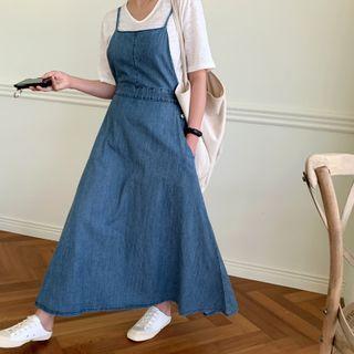 A-line Maxi Denim Overall Dress Blue - One Size