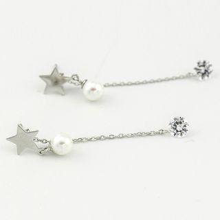 925 Sterling Silver Faux Pearl Rhinestone Star Drop Earring