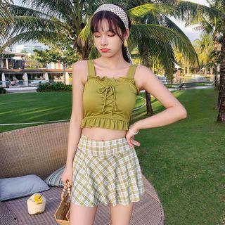 Set: Sleeveless Lace-up Swim Top + Plaid Swim Skirt