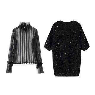 Long-sleeve Mesh Top / Short-sleeve Sequin Sweater