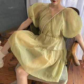 V-neck Short-sleeve Mesh Dress As Shown In Figure - One Size