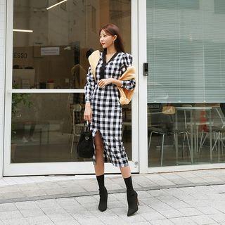 V-neck Check Midi Sheath Dress