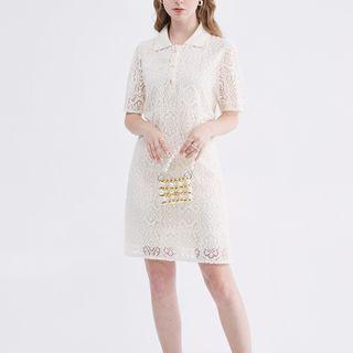 Short-sleeve Collar Lace Sheath Dress Almond - One Size