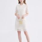 Short-sleeve Collar Lace Sheath Dress Almond - One Size